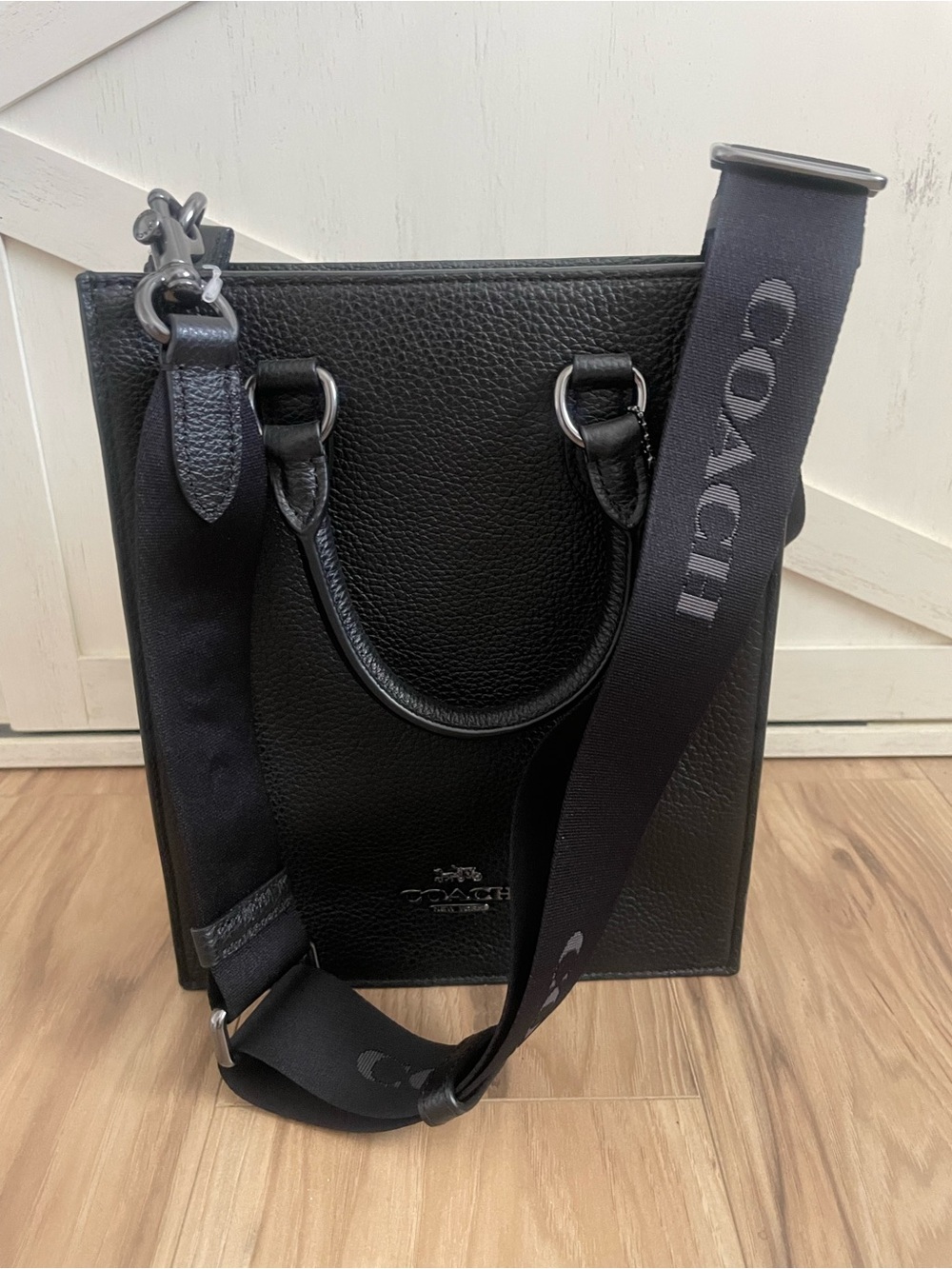 COACH Black Leather Tote with Adjustable Logo Strap